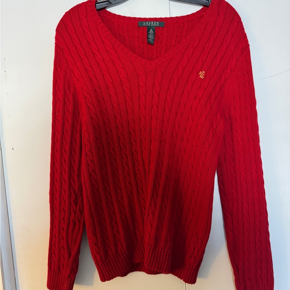 Ralph Lauren V-Neck cable knit Red Sweater with gold logo